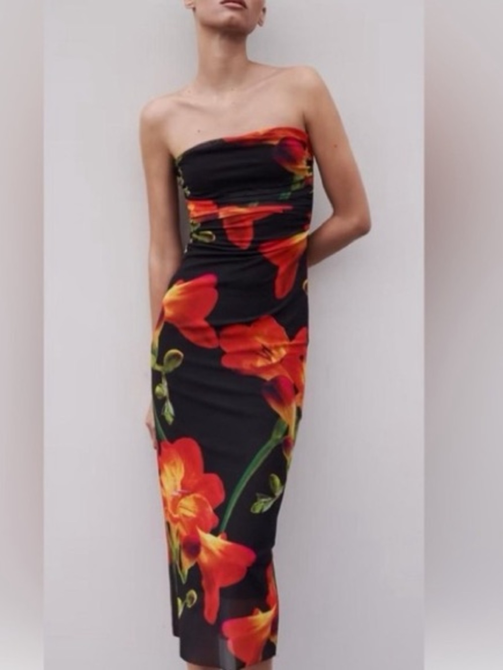 Zara Strapless Black Midi Dress with Red Floral Print